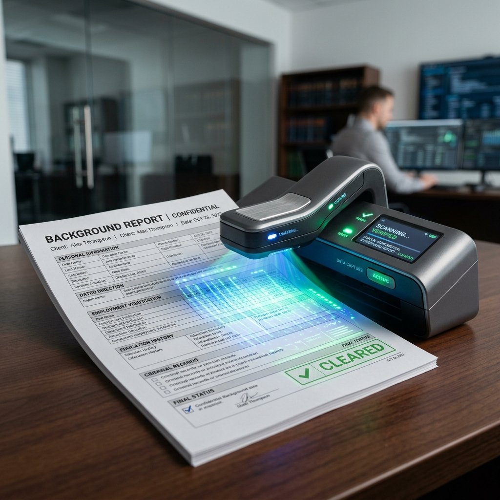 A futuristic digital scanner passing over a legal background report