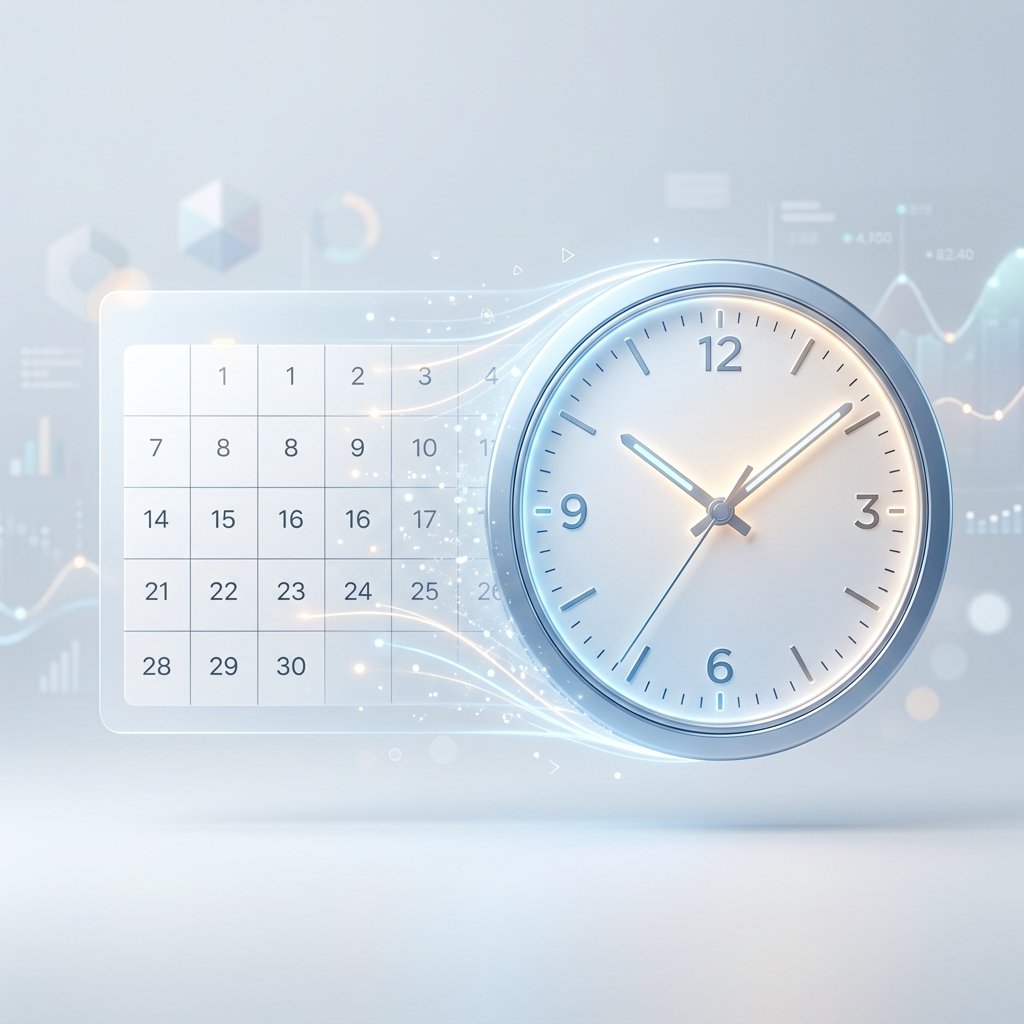 A modern graphic blending a calendar and a clock to represent waiting time