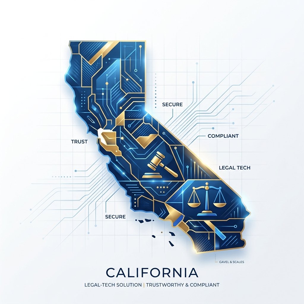 A modern, abstract representation of California with legal iconography