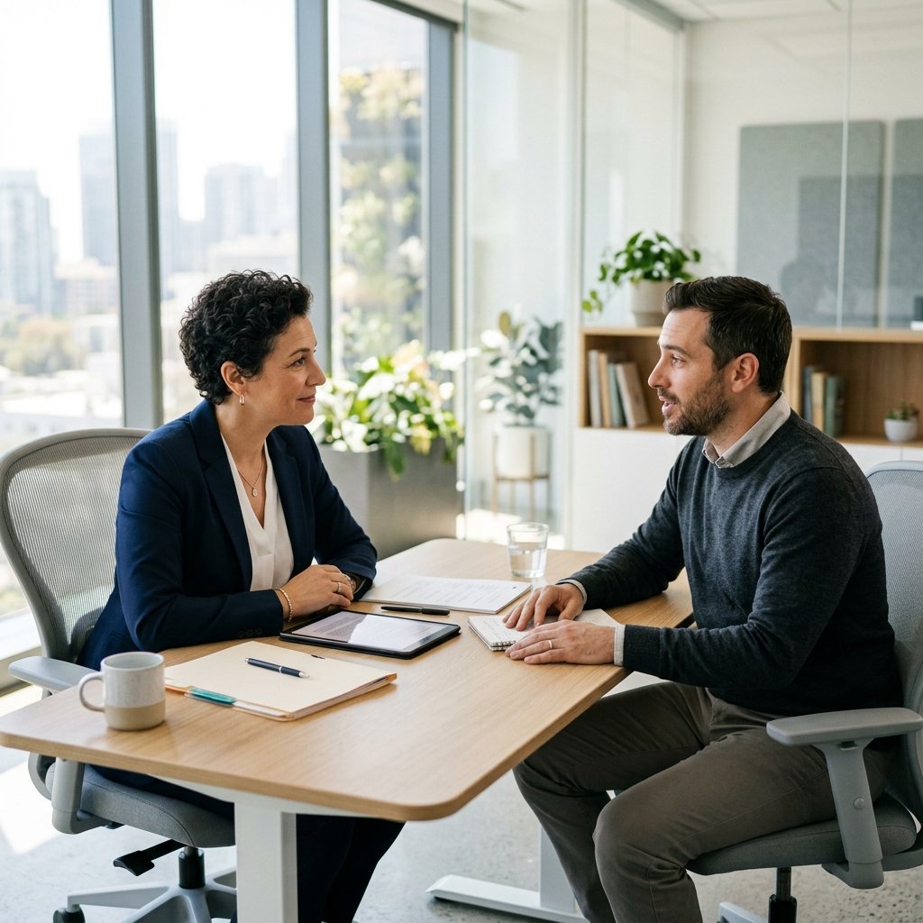 Two people discussing legal options across a desk