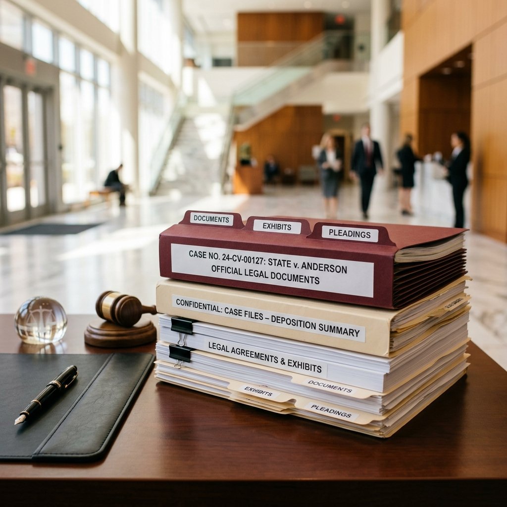 A neat stack of legal folders on a desk in a courthouse