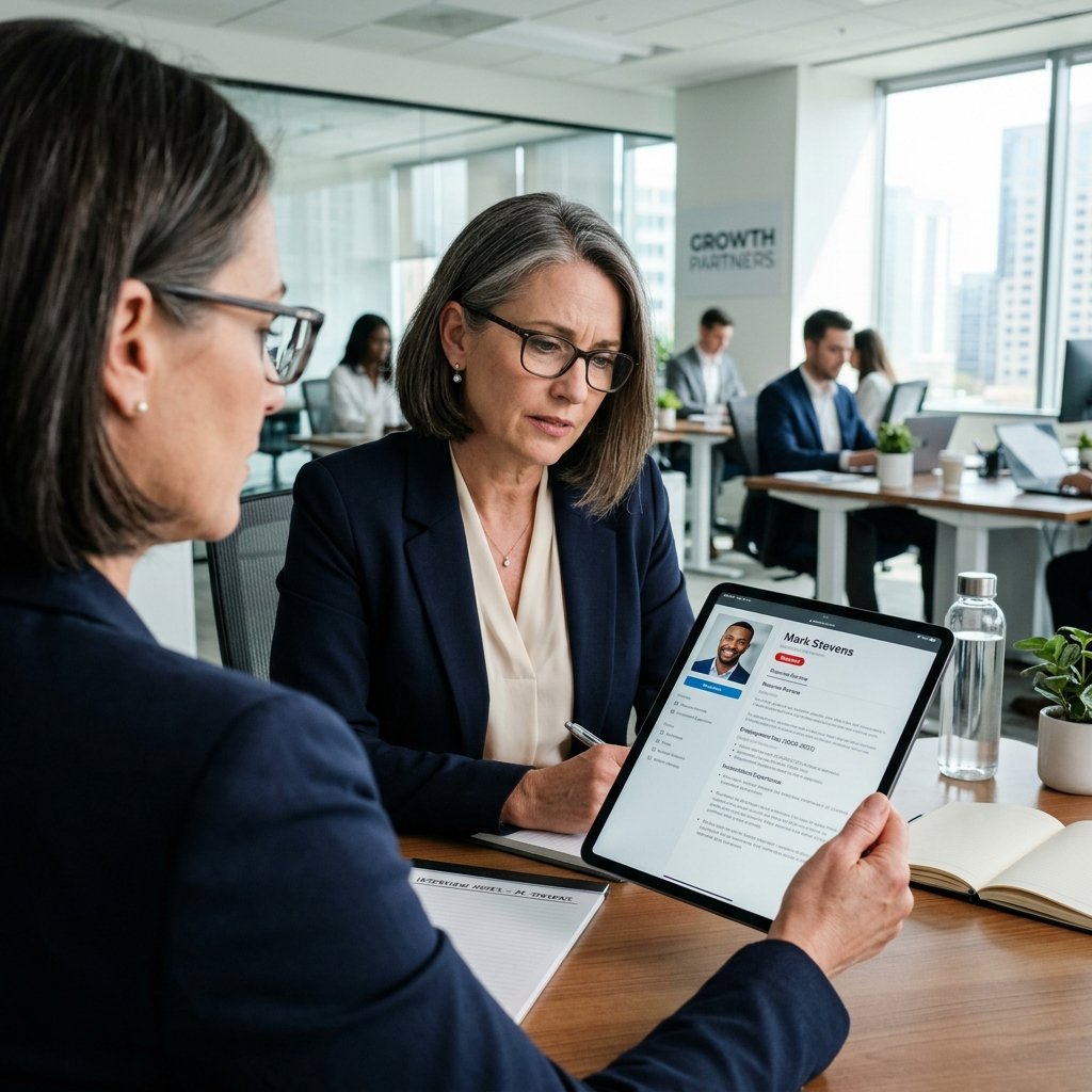An HR manager looking concerned while reviewing a profile on a tablet