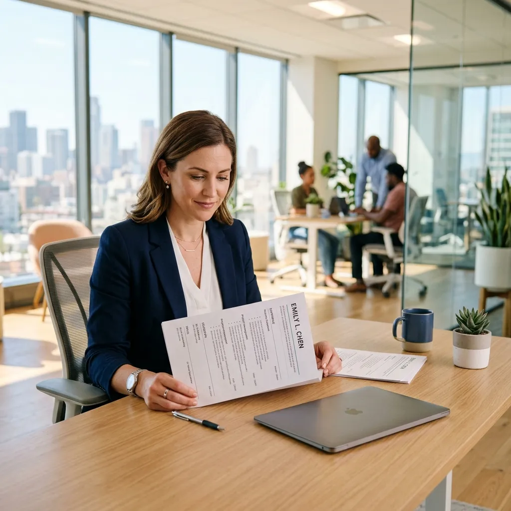A hiring manager reviewing a resume on a sleek desk
