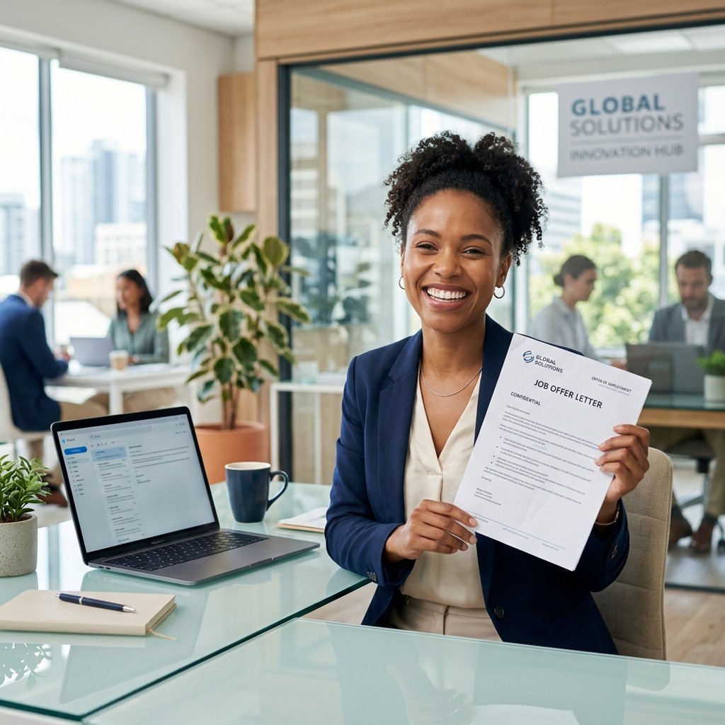 A professional smiling warmly in an office, holding an offer letter