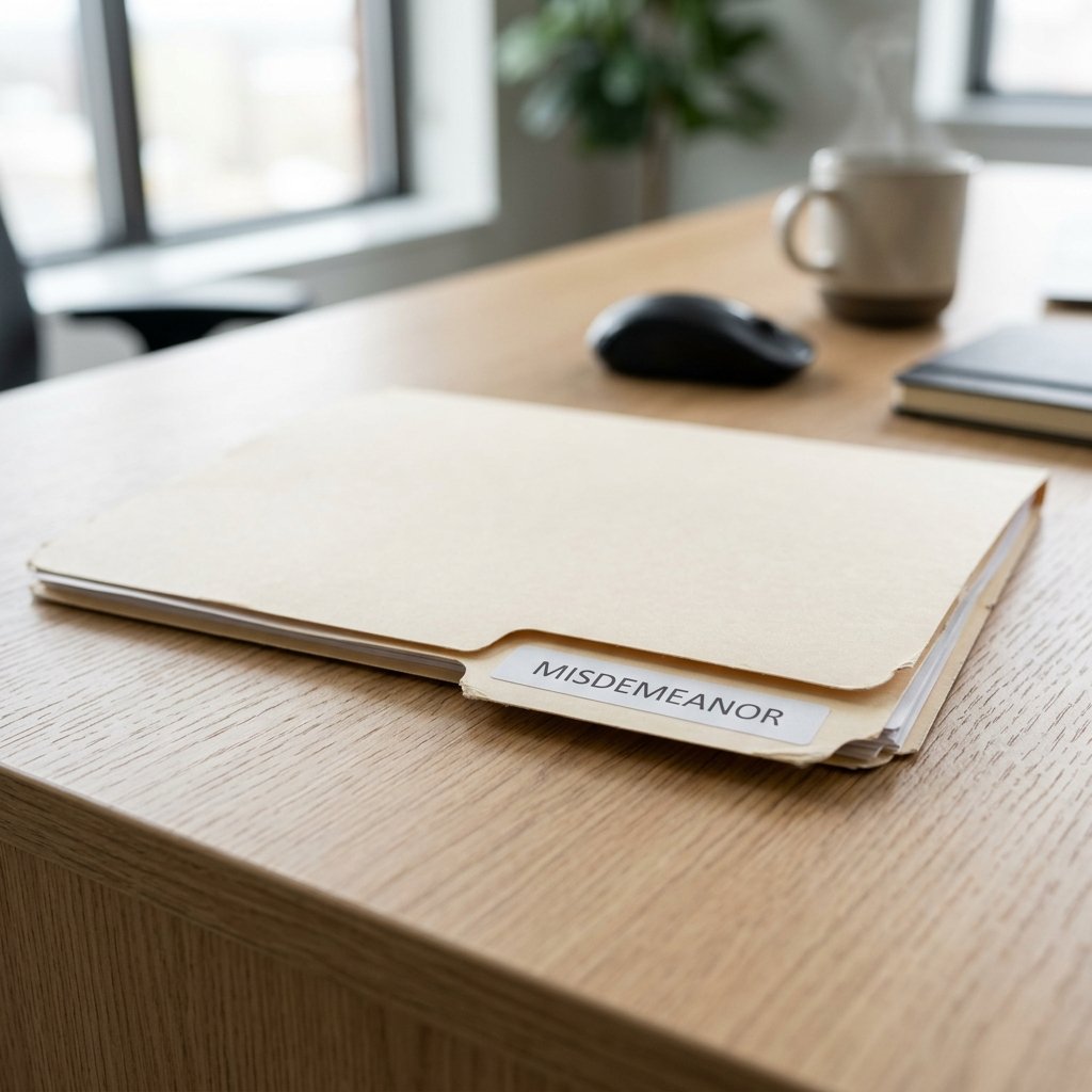 A professional legal folder with the word MISDEMEANOR on the tab