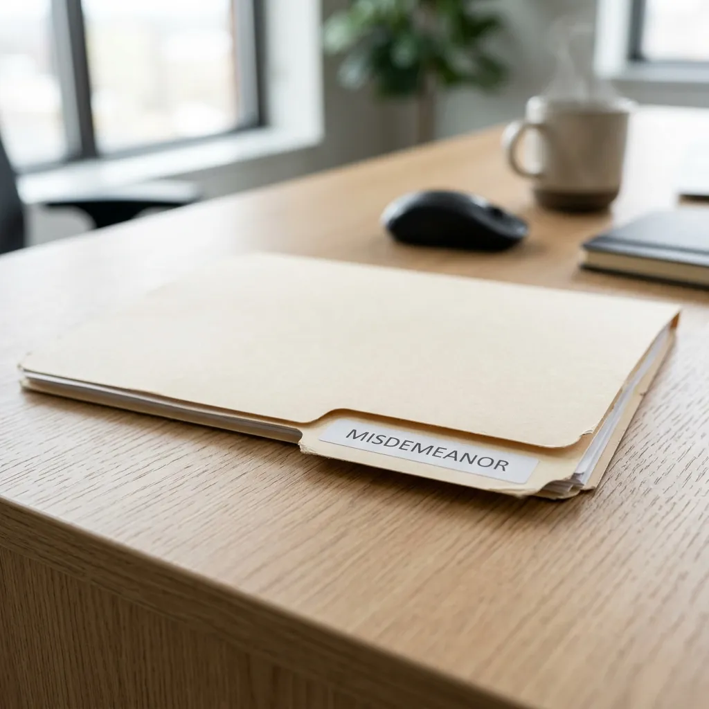 A professional legal folder with the word MISDEMEANOR on the tab