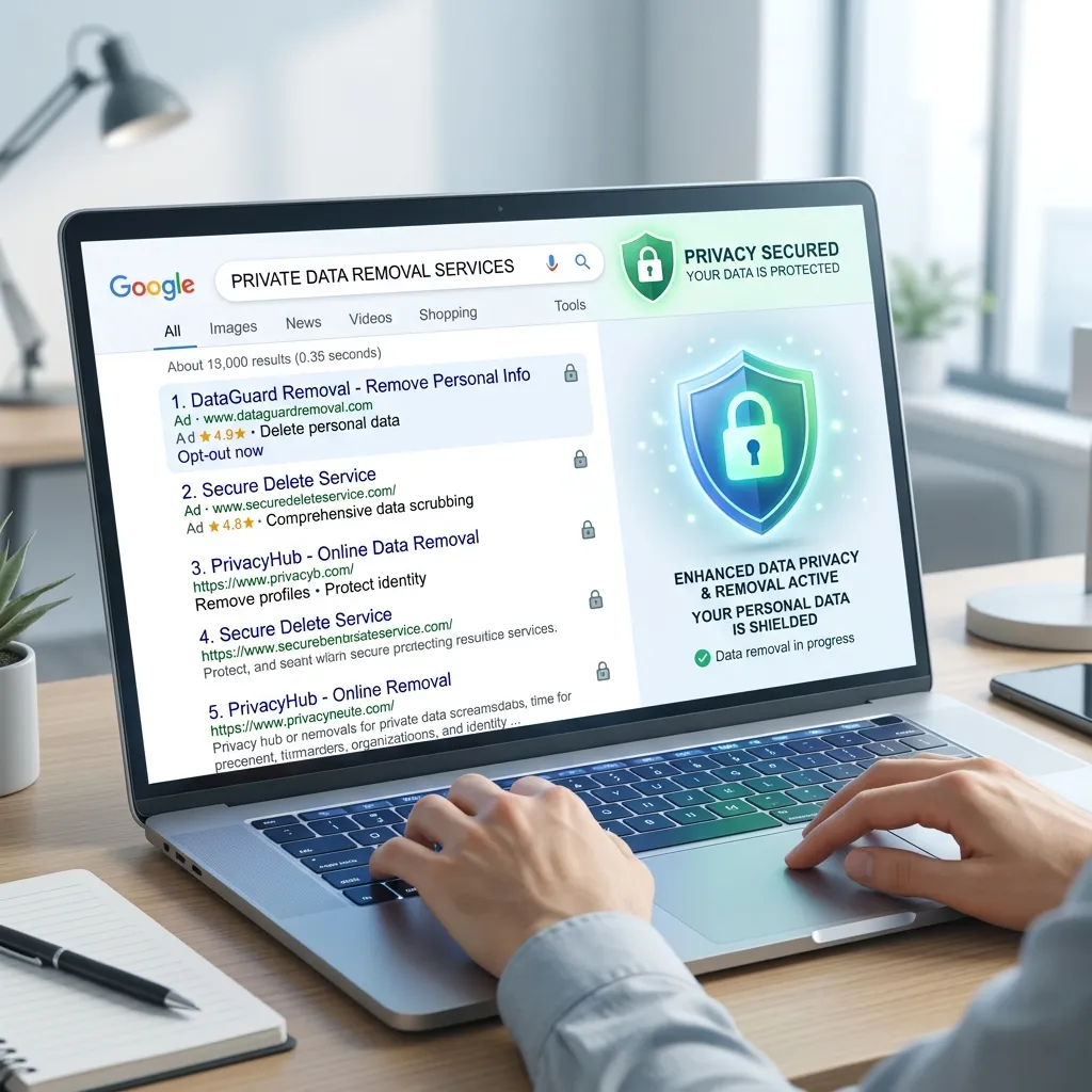 A laptop screen showing search results with a glowing shield icon next to it