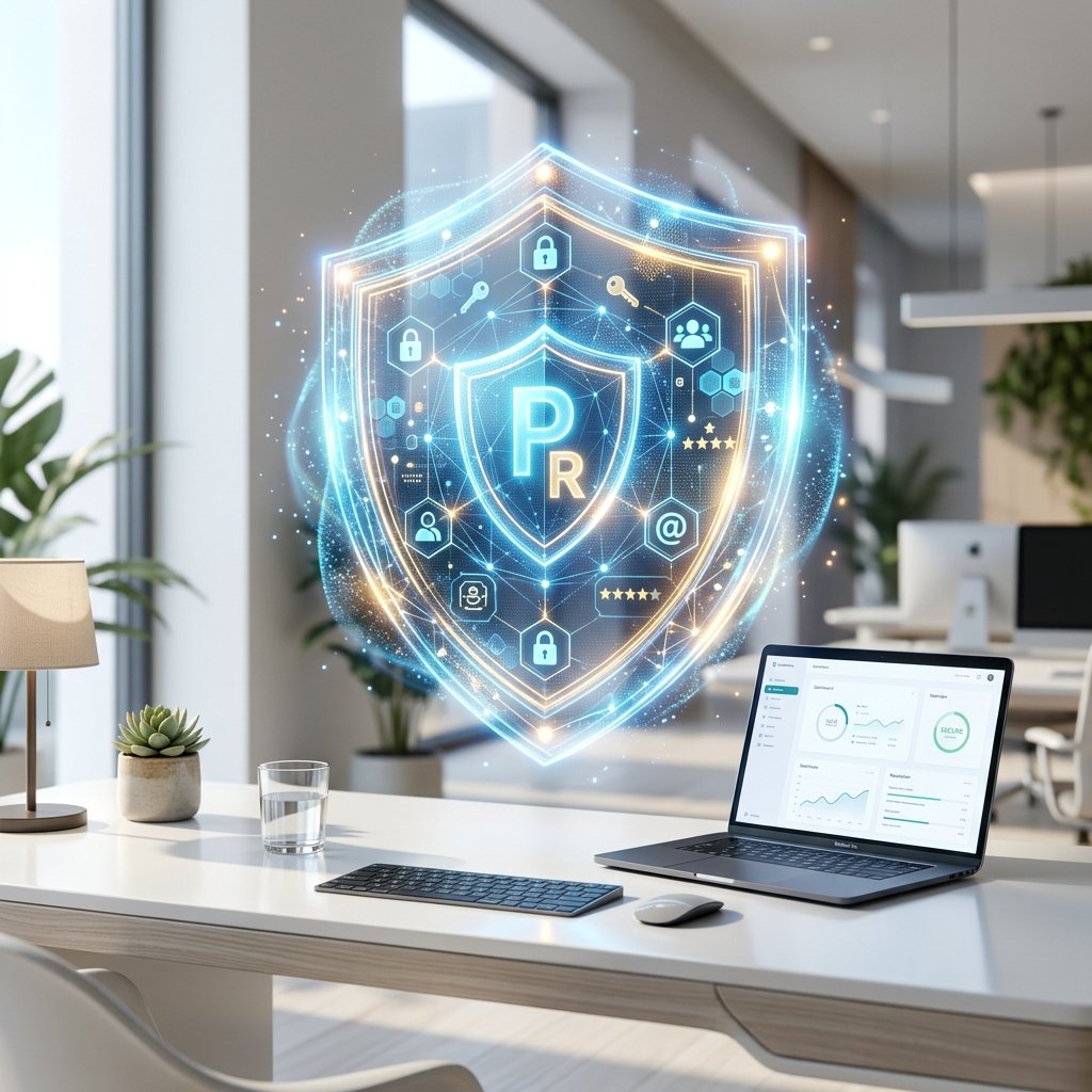 A glowing digital shield protecting data on a modern desk