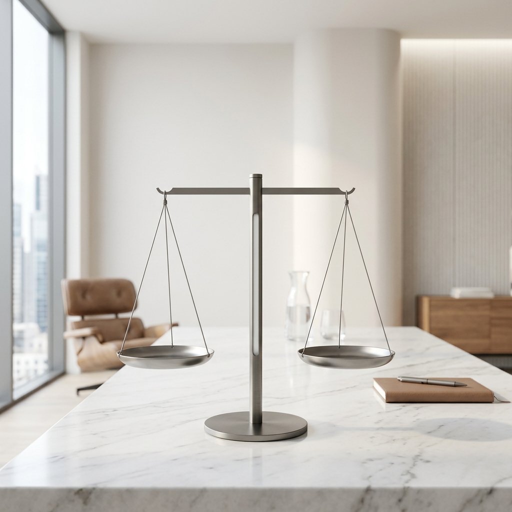 A modern 3D rendering of the scales of justice