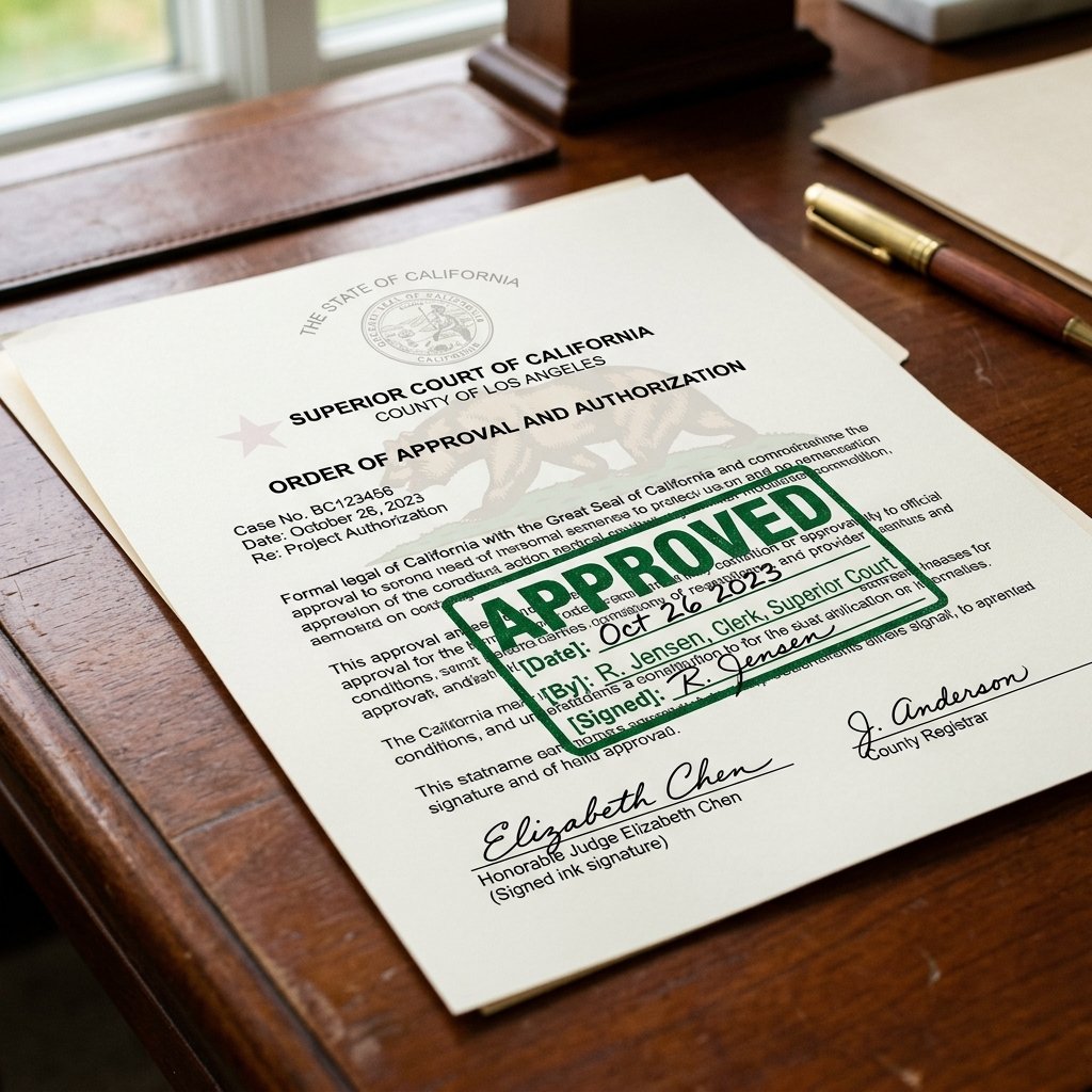 A legal document with a green APPROVED stamp and a subtle California motif