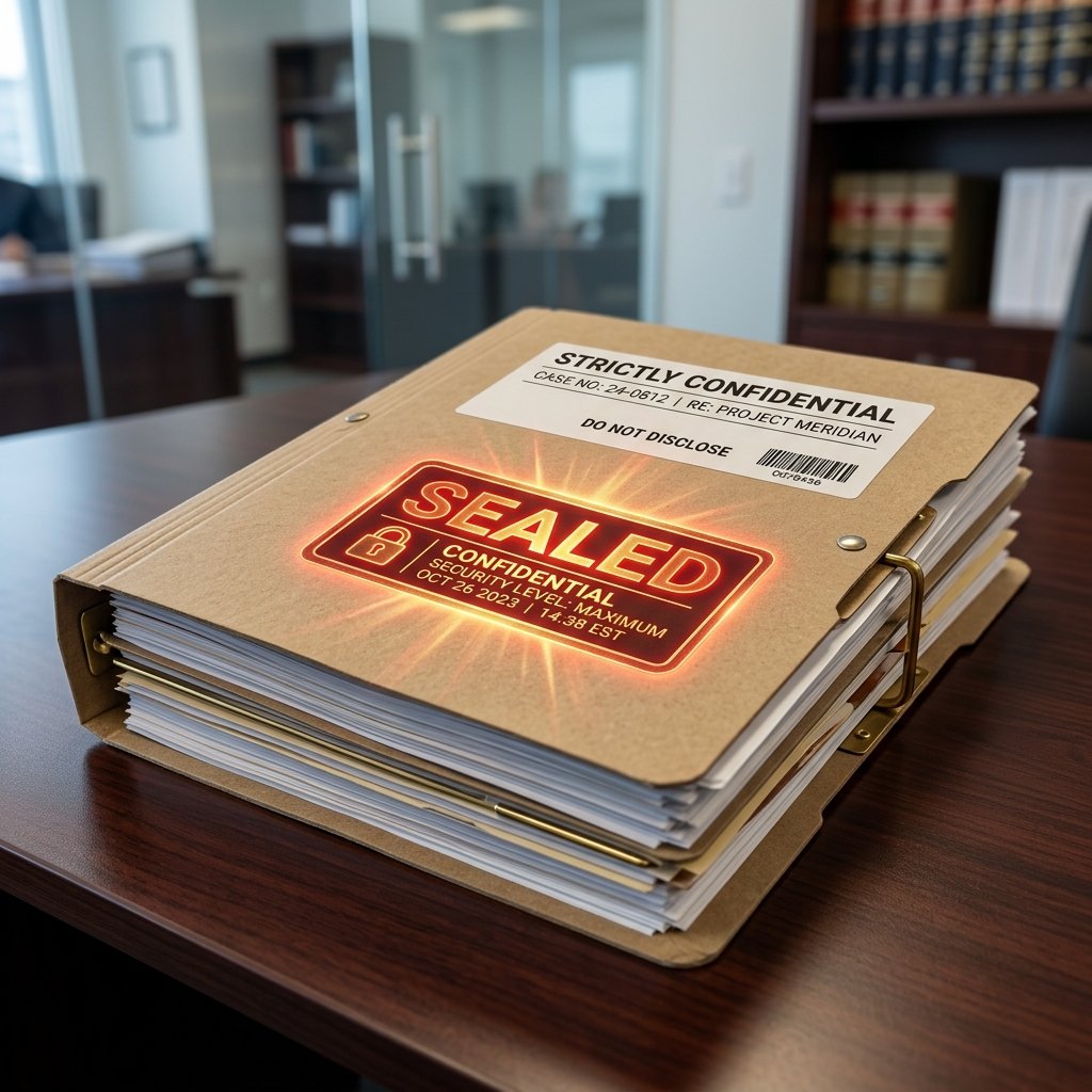 A professional legal folder with a glowing SEALED stamp