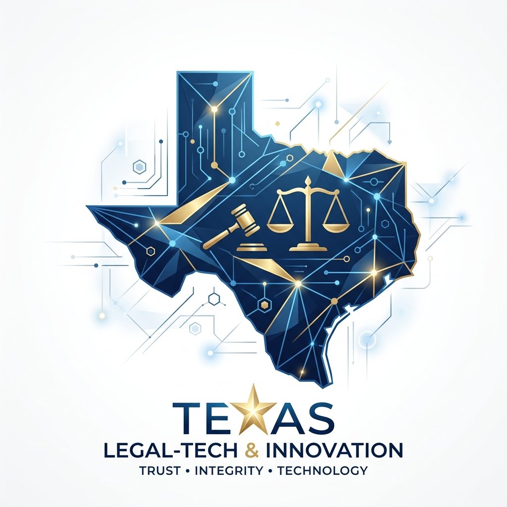 A modern, abstract representation of Texas with legal iconography